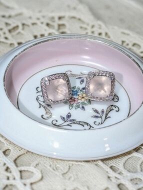 Designer Judith Ripka Rose Quartz Earrings And Trinket Dish